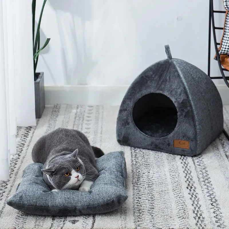 Cozy Winter Cat Bed - Plush Foldable Pet House for Cats and Small Dogs