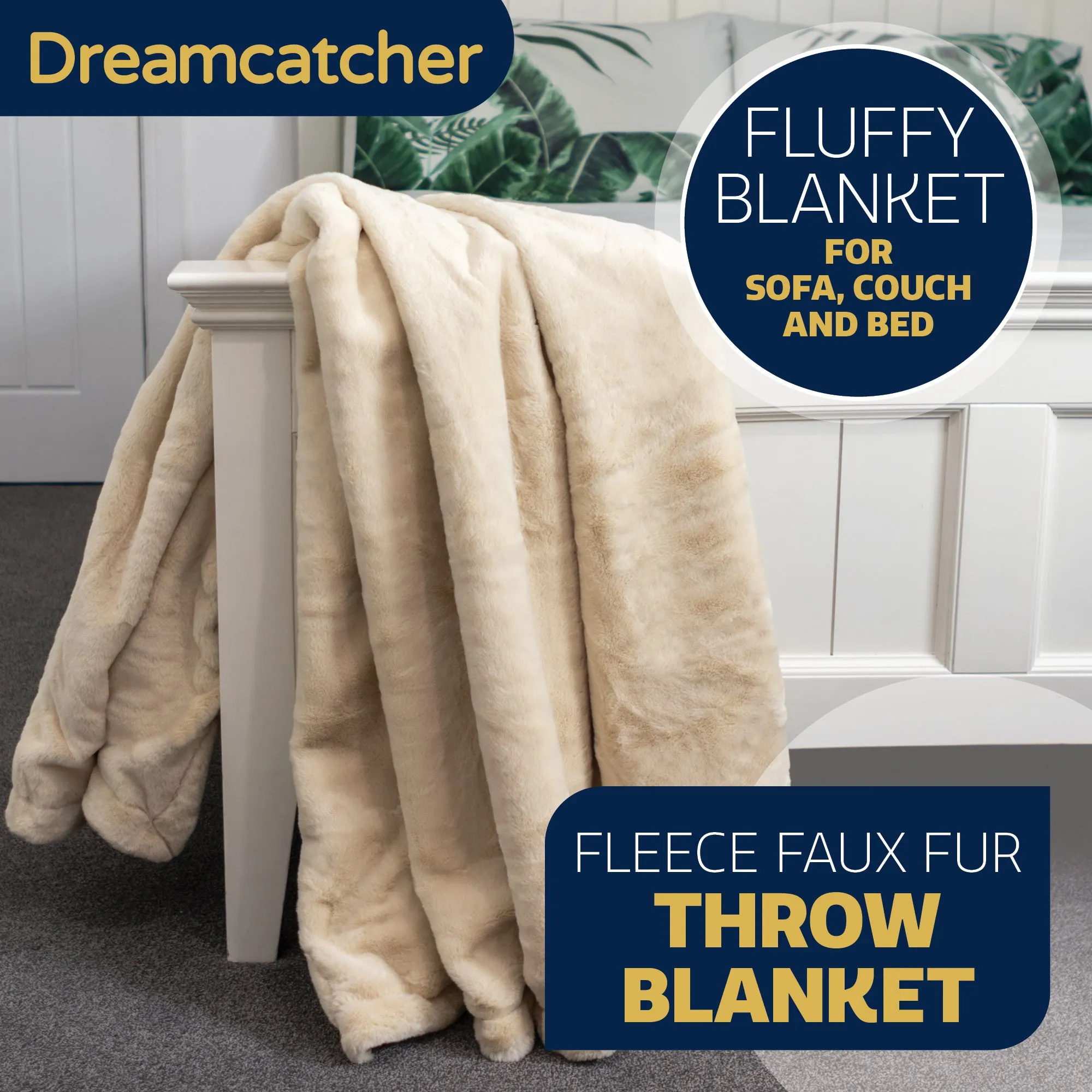 Dreamcatcher Faux Fur Throw Blanket 160 x 130 cm Soft Fleece Blanket - Cream