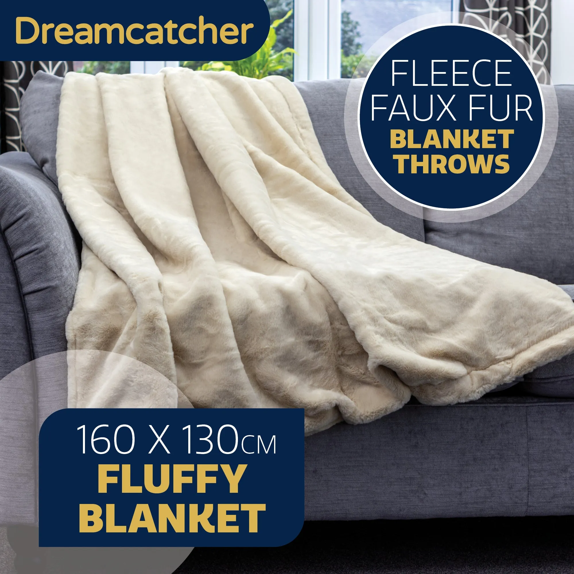 Dreamcatcher Faux Fur Throw Blanket 160 x 130 cm Soft Fleece Blanket - Cream