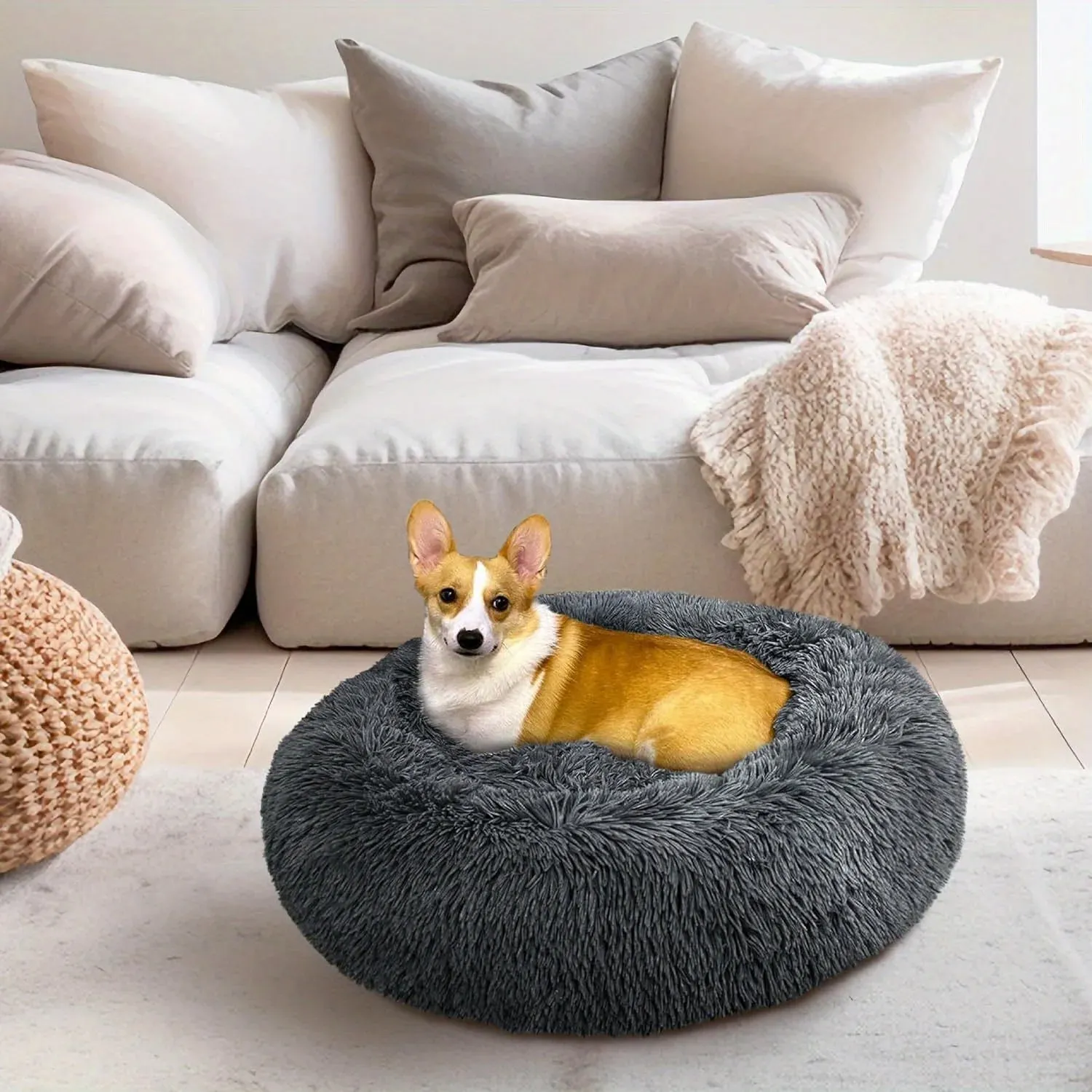 PawfectFriend Calming Donut Bed – Plush Fluffy Cushion for Dogs & Cats, XXL 80cm (Peach)